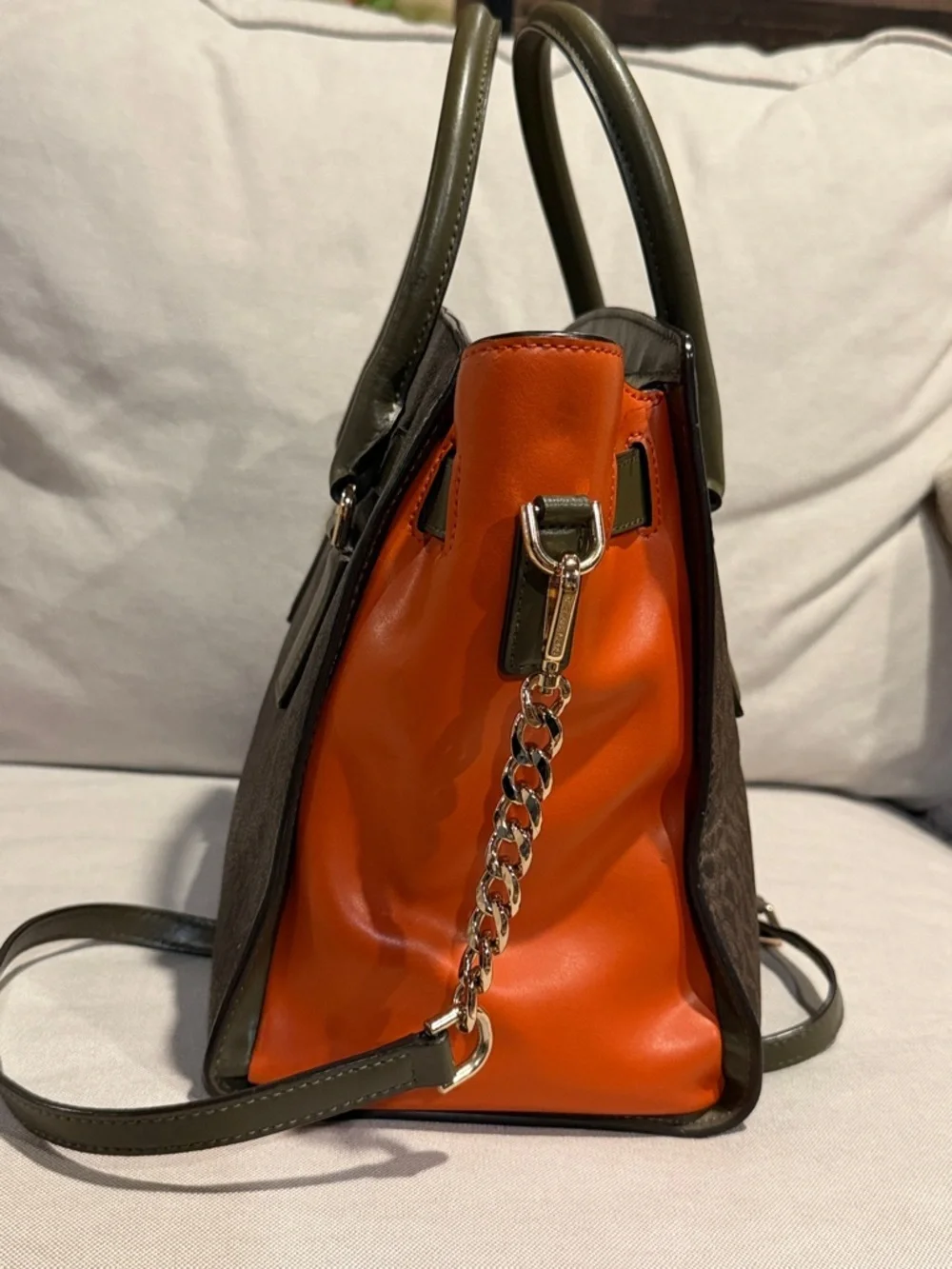 Michael Kors Hamilton Legacy Satchel - Brown Logo / Olive / Orange Colorblock